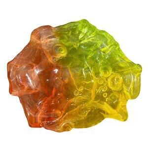 Goofus Glass Shallow Dish Yellow Orange Green Seashells Freeform MCM Decor